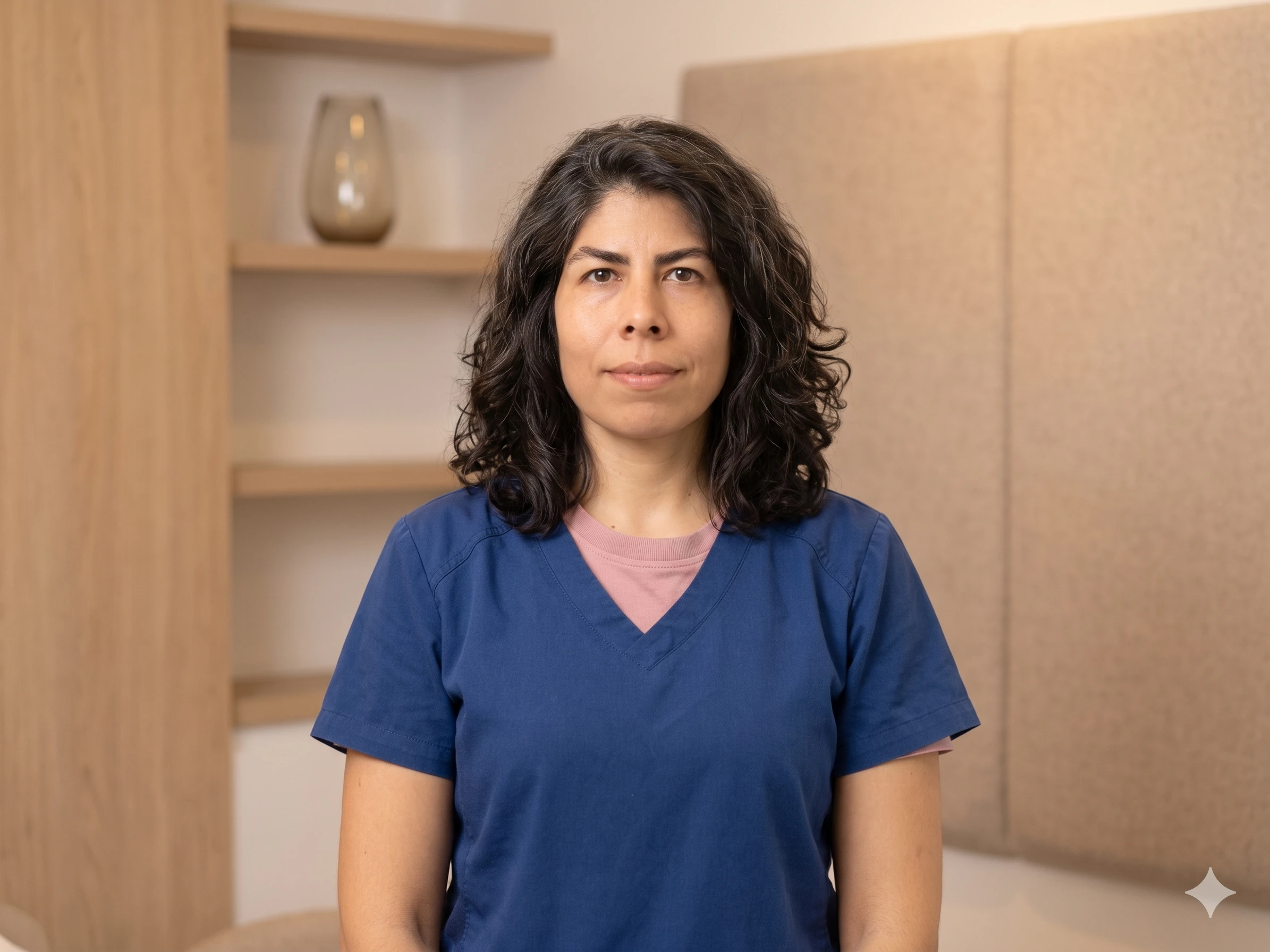 Saraí González con uniforme de consulta